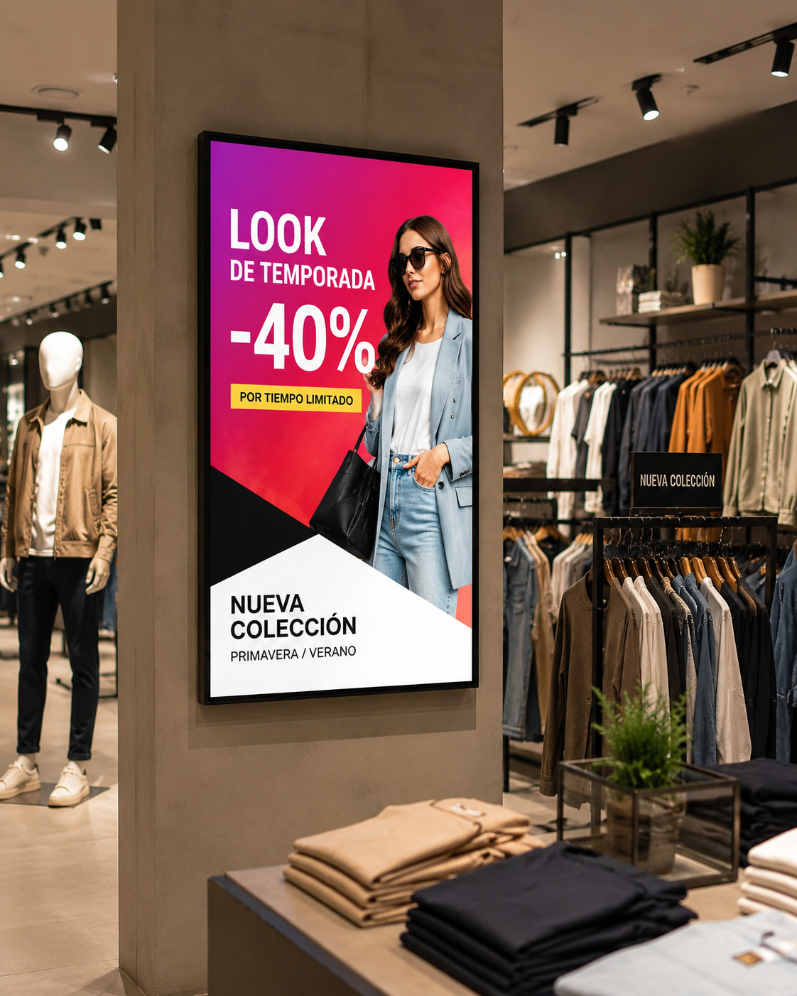 Pantalla LED colgante para escaparate de comercio con campaña de rebajas