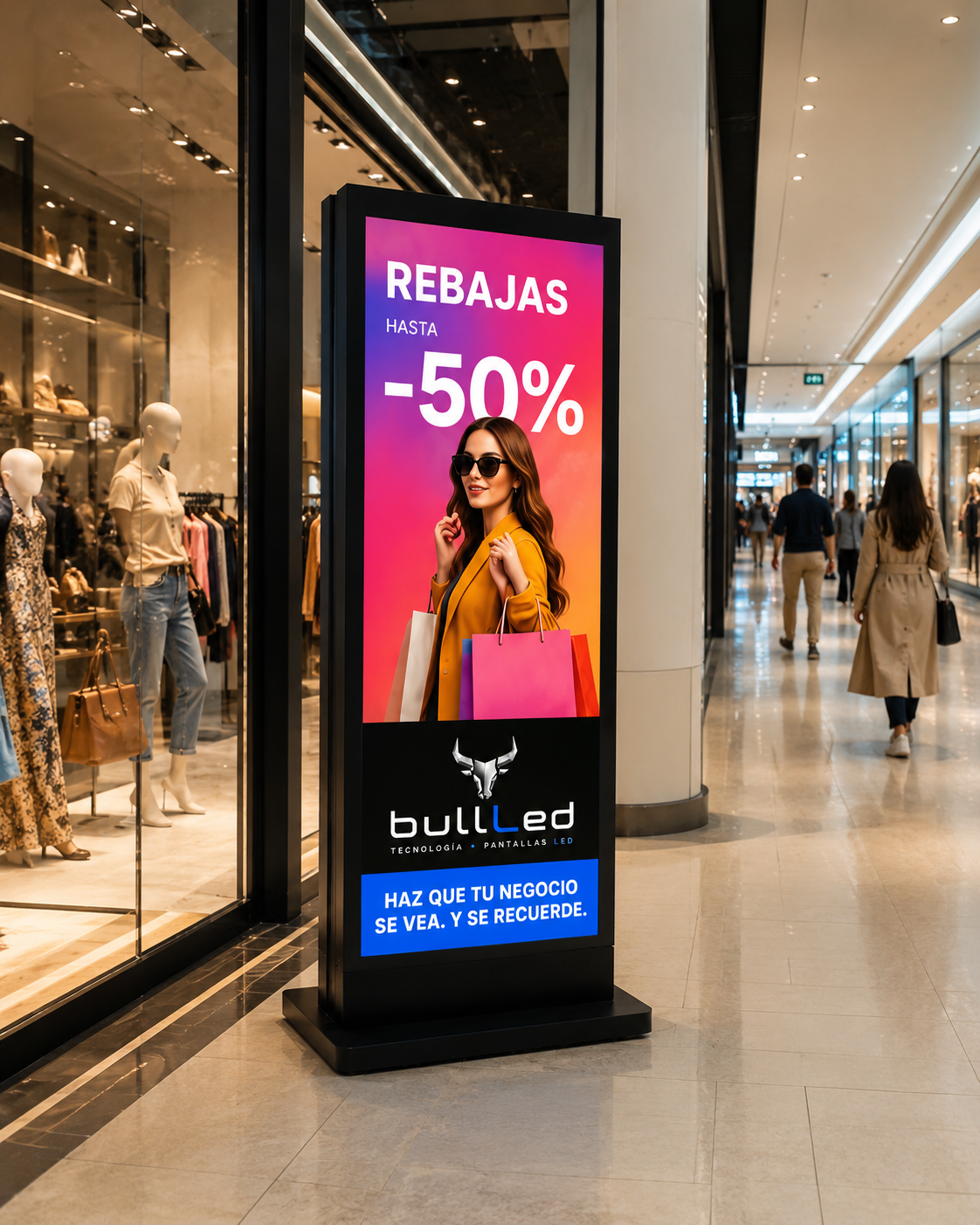 Tótem LED de suelo para comercios mostrando contenido publicitario en tienda