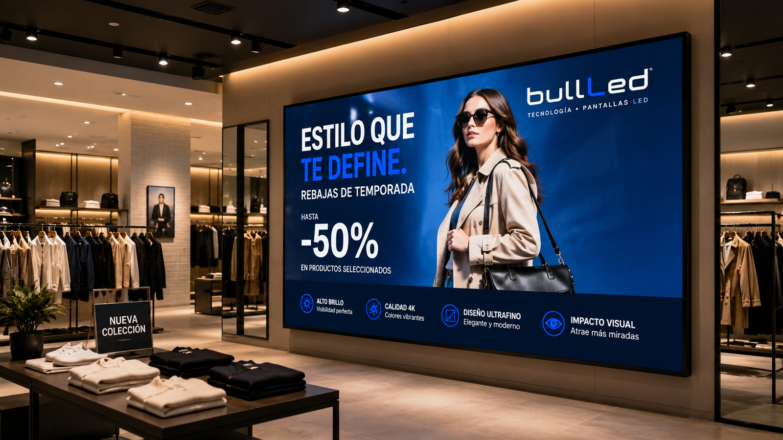 Pantalla LED para comercios instalada en un espacio retail premium