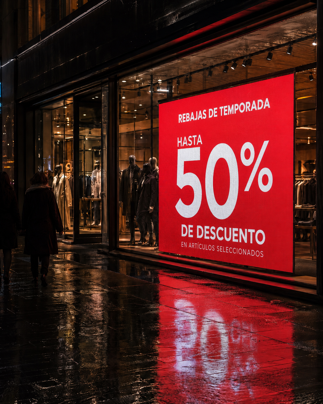 Pantalla LED publicitaria de exterior en el escaparate de una tienda