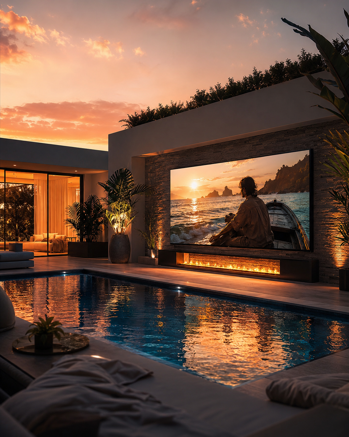 Zona de piscina de un chalet con pantalla LED de exterior de alta definición al anochecer