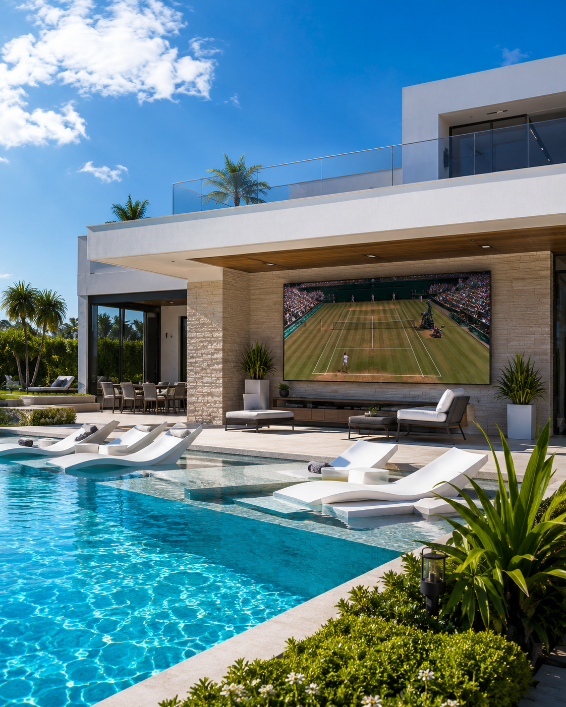Pantalla LED gigante de exterior integrada en la fachada de una vivienda de lujo con piscina