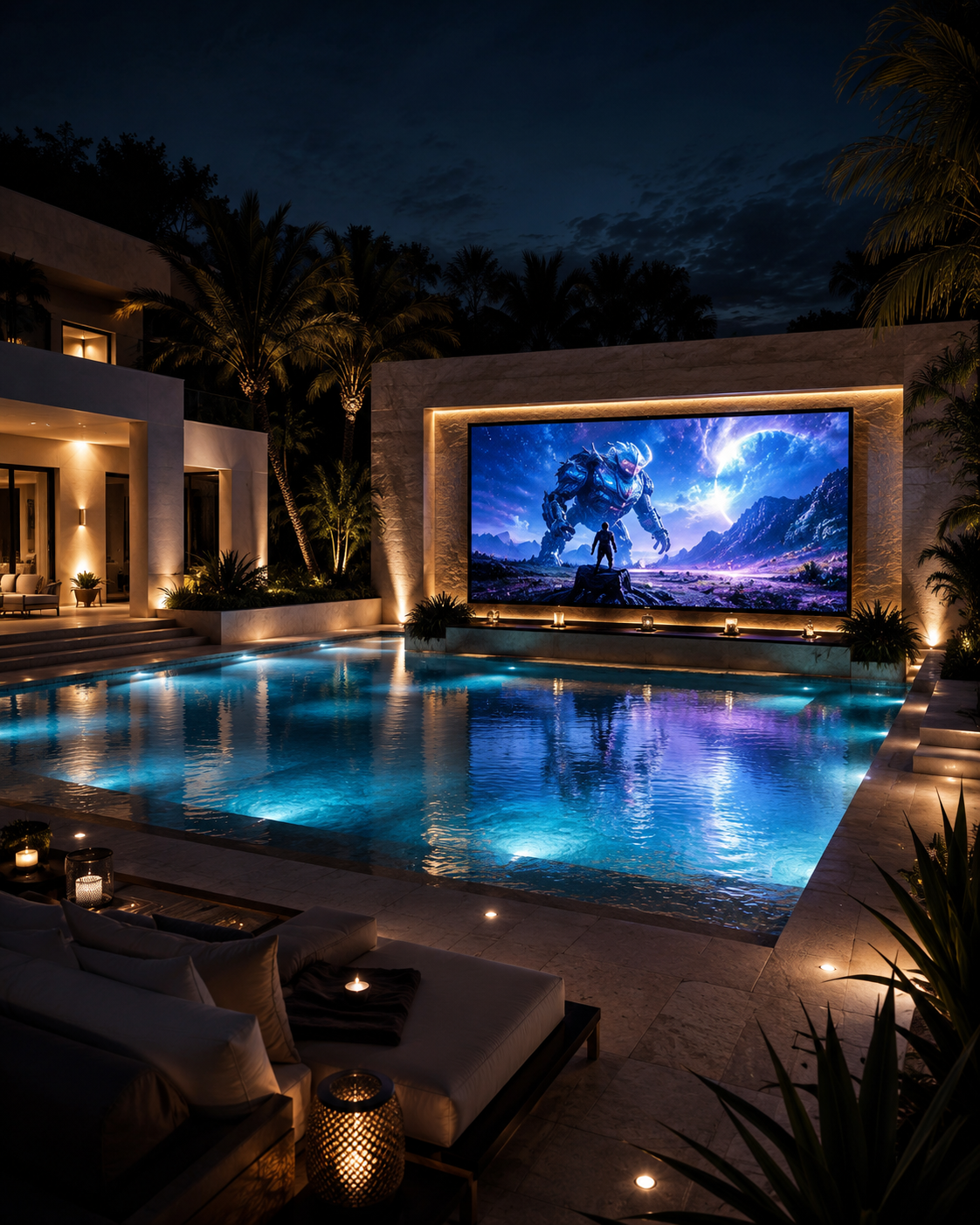 Pantalla LED de exterior instalada junto a la piscina de un chalet de lujo al atardecer