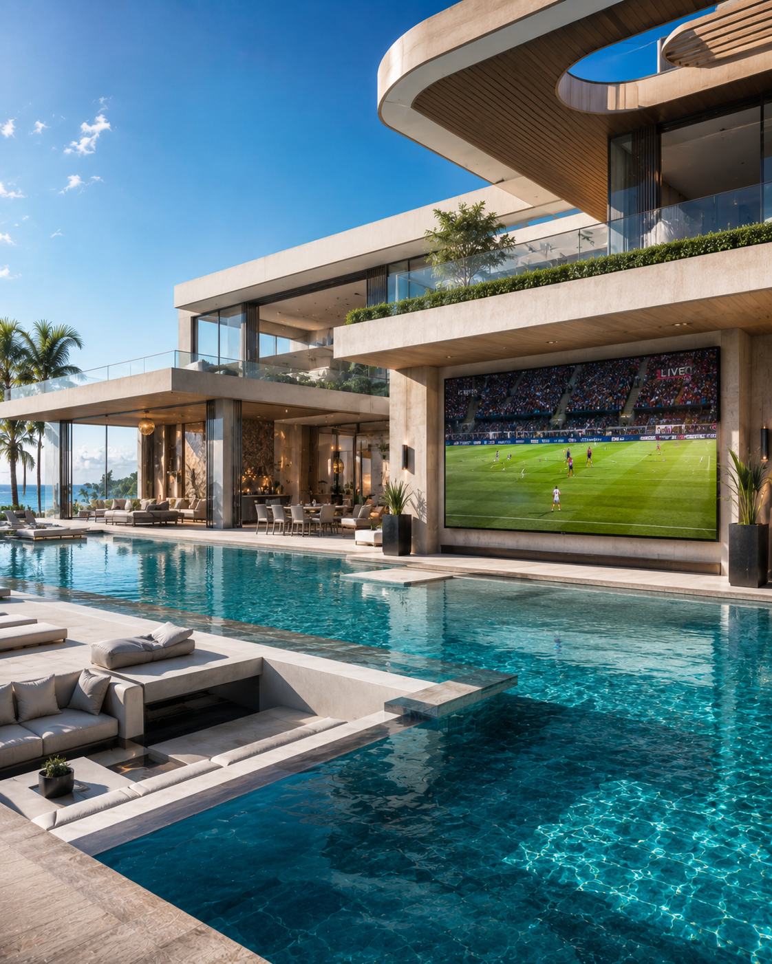 Terraza exterior de vivienda premium con pantalla LED Bull LED para cine al aire libre