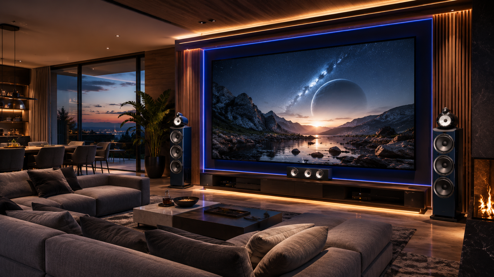 Pantalla LED modular de gran formato para cine en casa instalada en salón premium