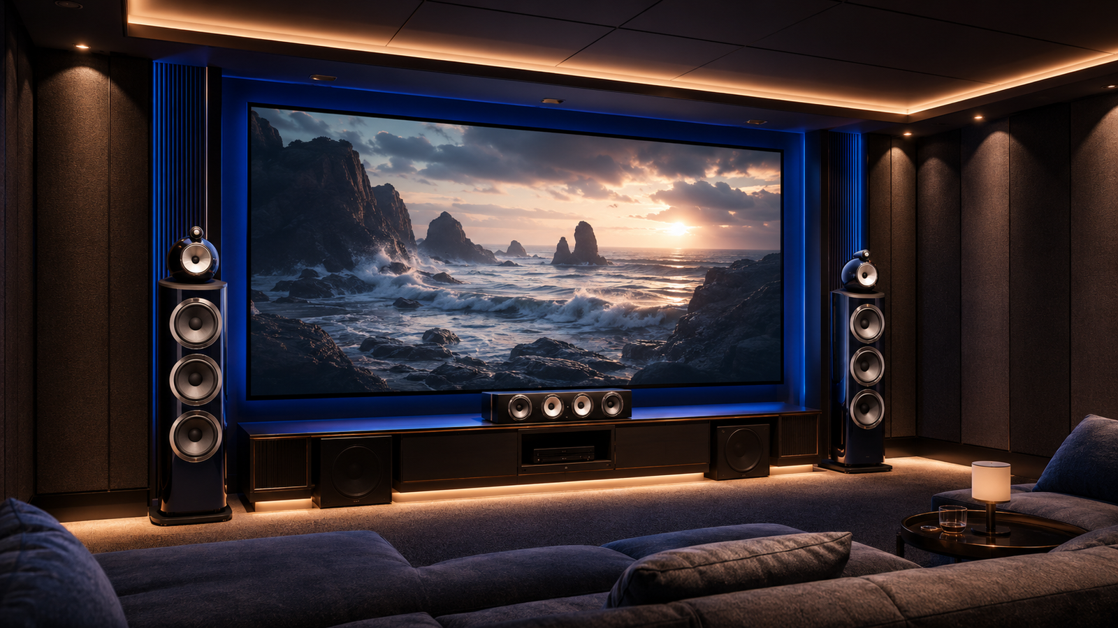 Instalación de cine en casa premium con pantalla LED modular integrada en el salón