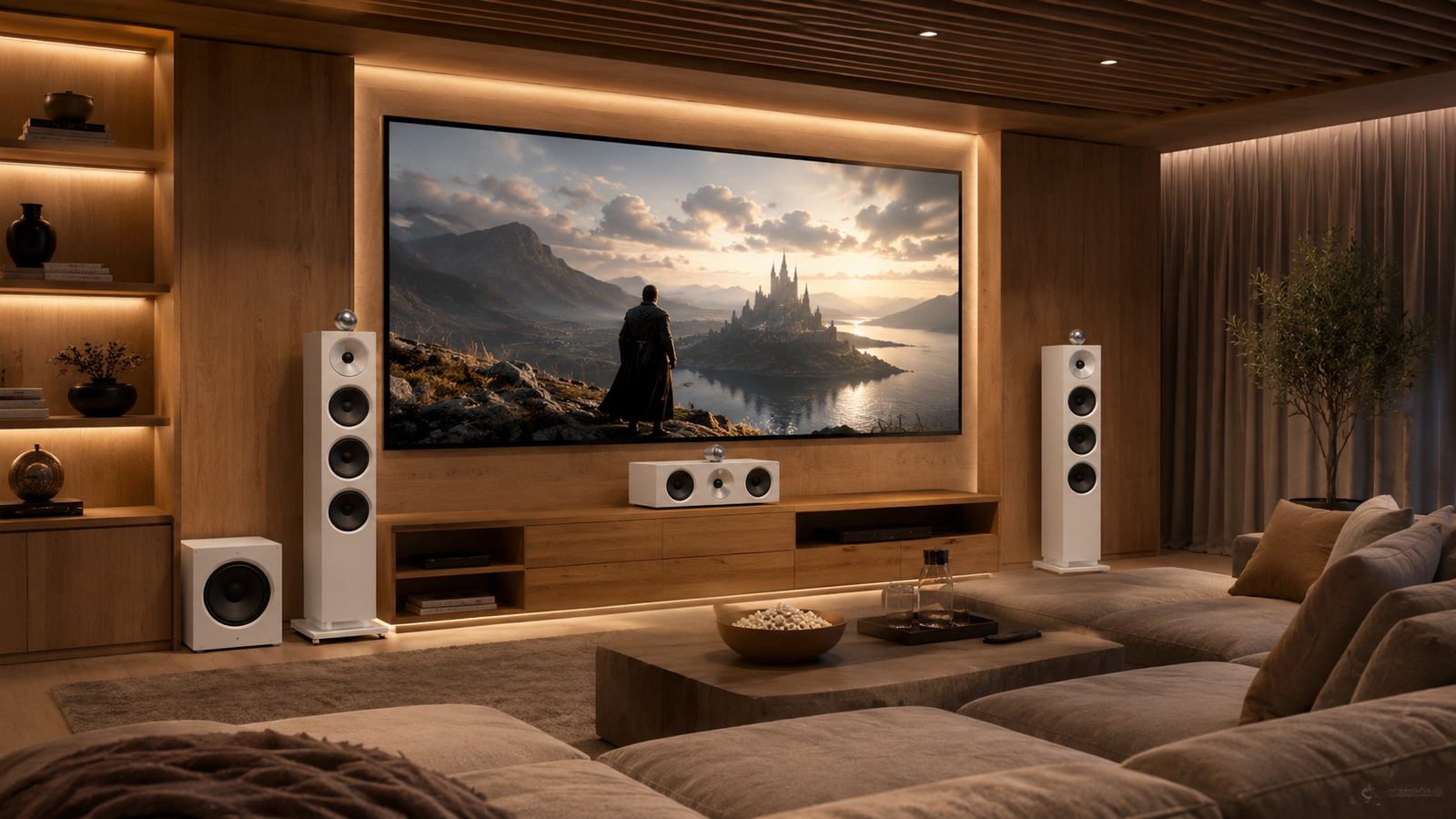 Altavoces Bowers & Wilkins de alta fidelidad integrados en cine en casa premium