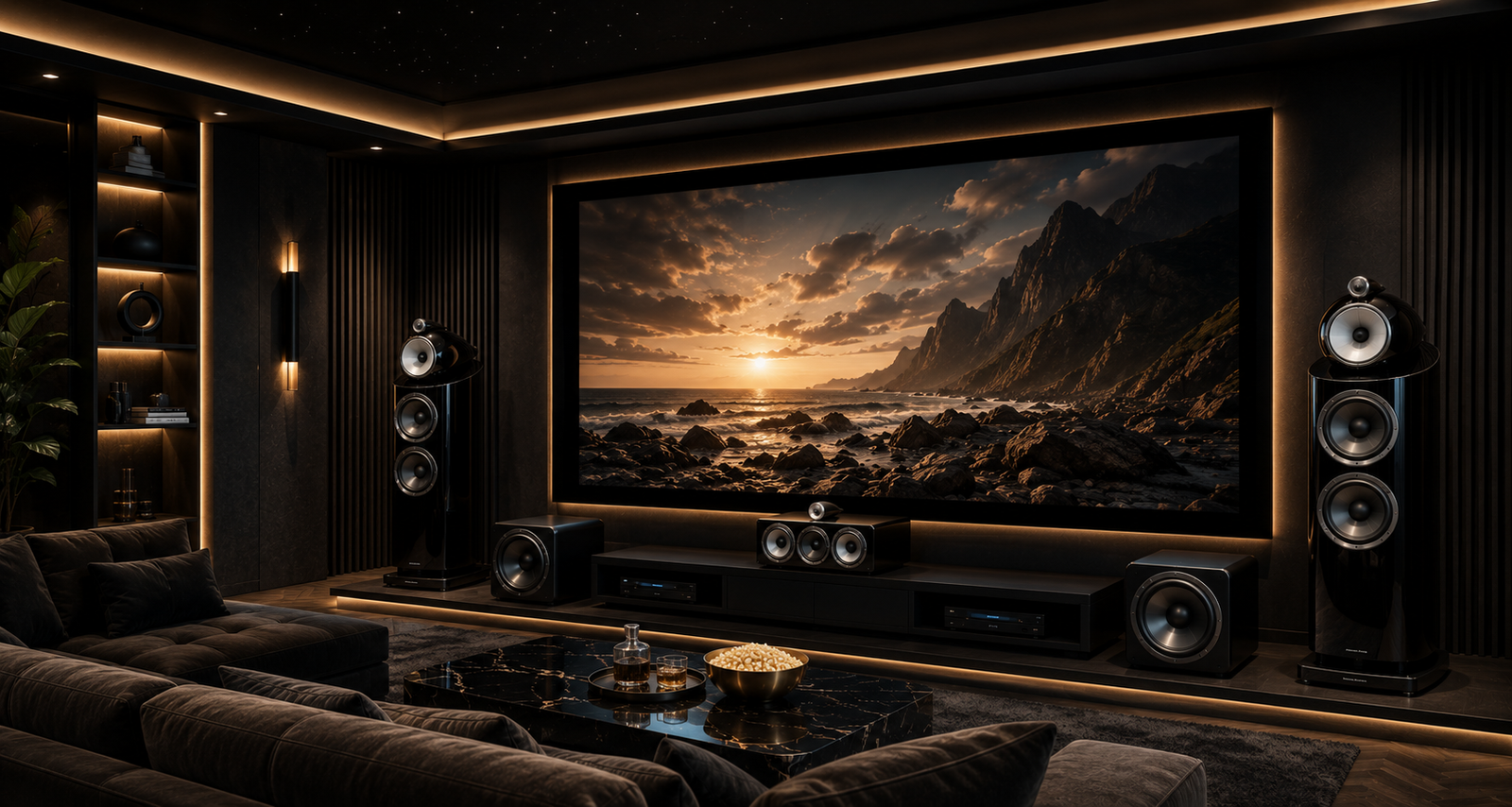 Sala de cine en casa a medida con pantalla LED de gran formato y butacas premium
